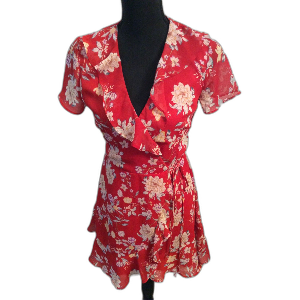 Lush Red Wrap Frilly Ruffled Short Sleeve Floral Dress V neck XS
